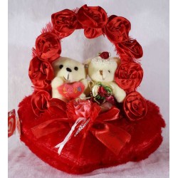 Red Satin Rose Handle Heart with Love Couple Teddy Bears
